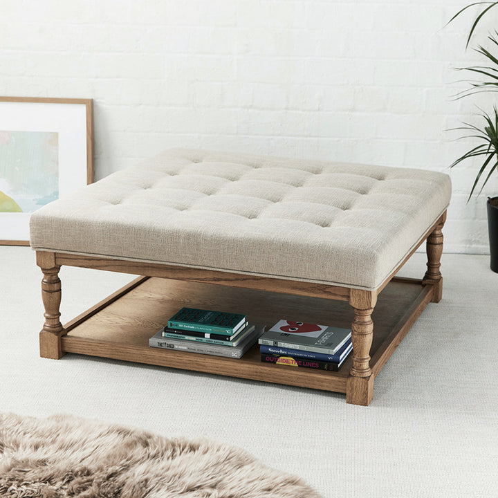 Burlington Shallow Buttoned : Square Oak Framed Coffee Table Stool