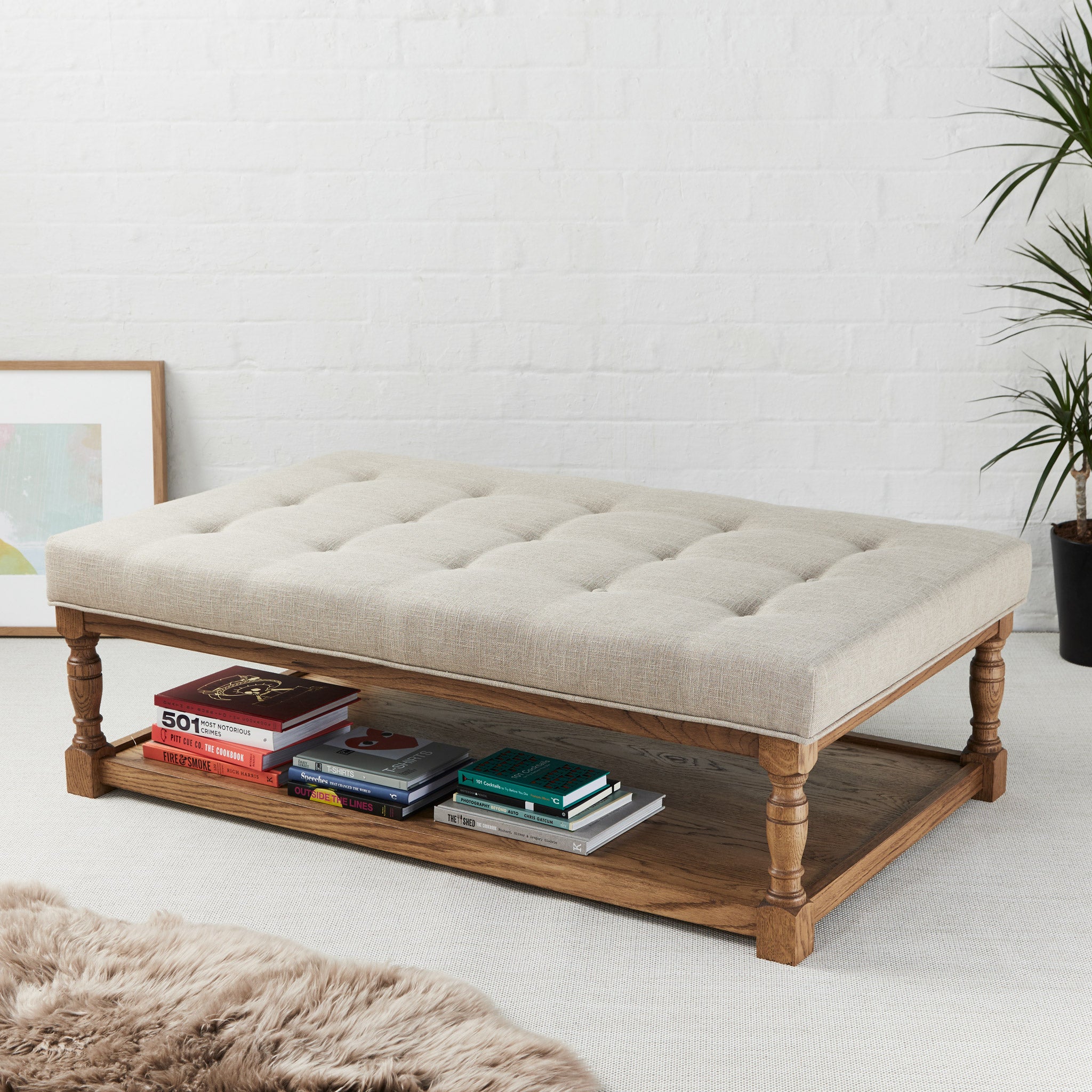 Bespoke Hamilton Shallow Buttoned : Rectangular Oak Framed Coffee Table Stool